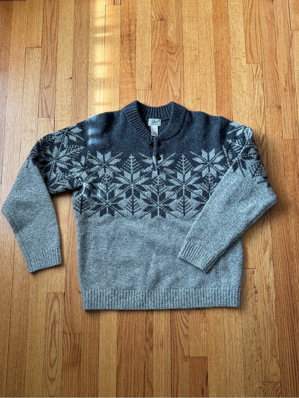 L.L. Bean Gray Fair Isle Henley Neck Wool Sweater